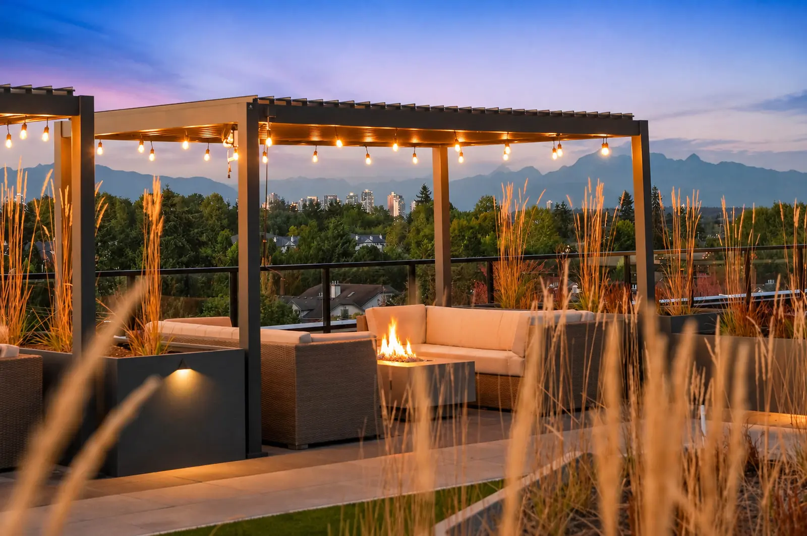Rooftop lounge seating with North Shore mountain views at Scott + 77, North Delta